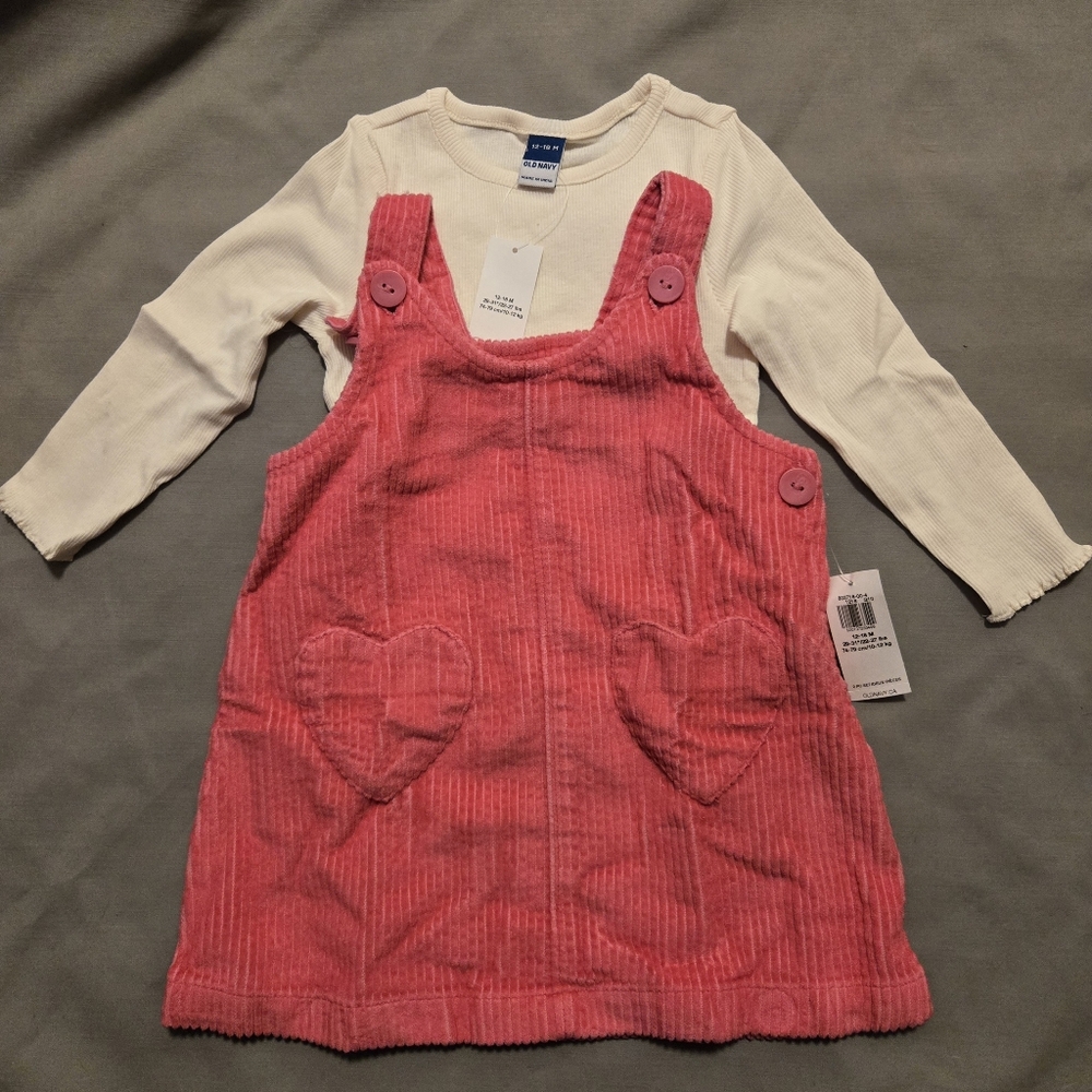 Pink Corduroy Jumper with White Long Sleeve Shirt